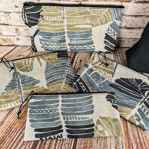 Zipper Pouches of Blue Gray Beige Leaf Design Fabric, 4 Handmade Bags Available
